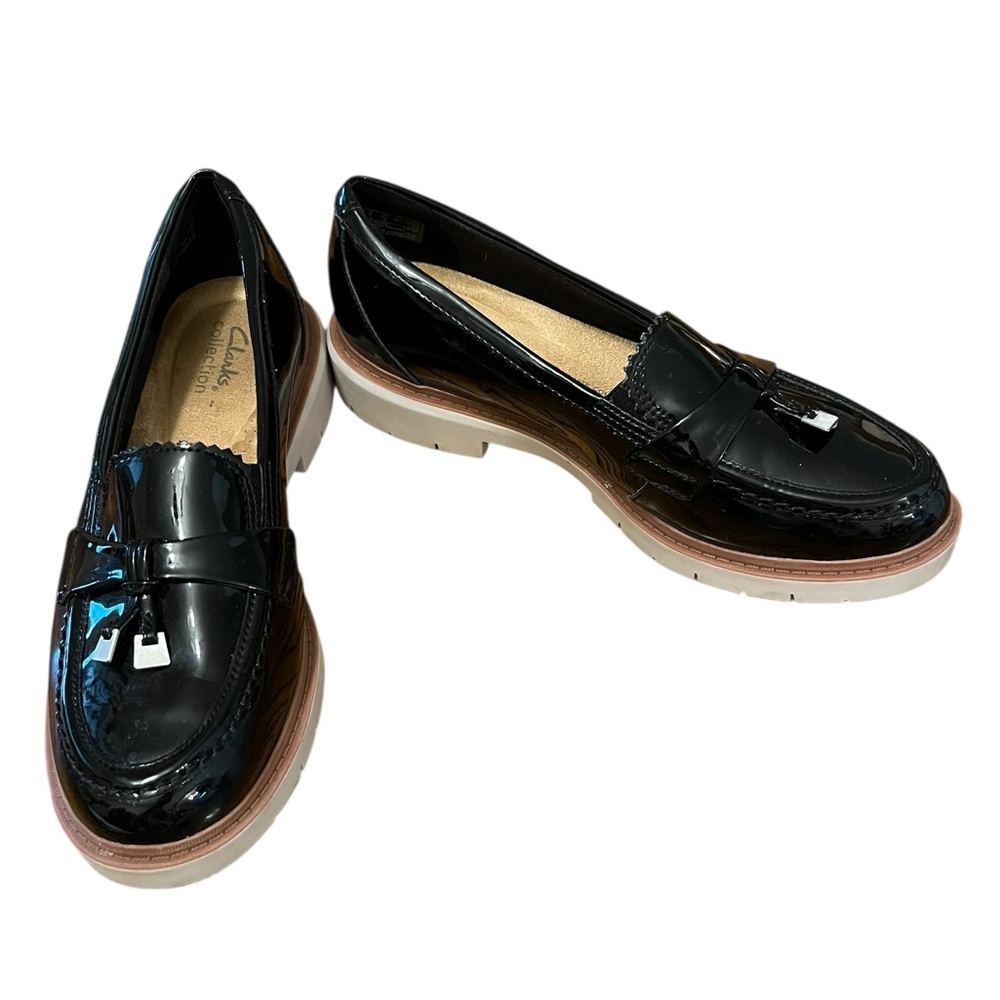 Clarks patent leather slip on loafers